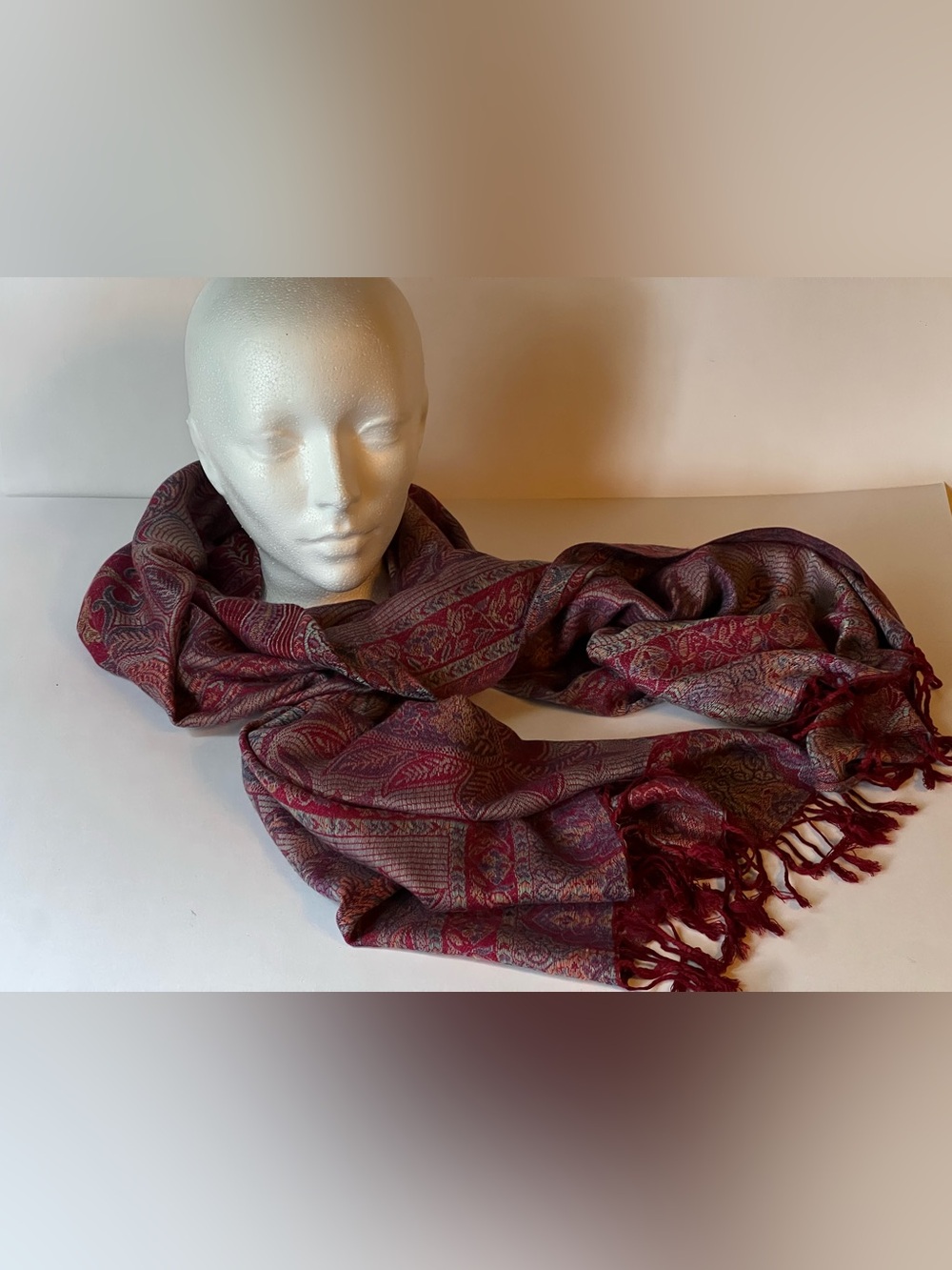 Elegant Cashmere Burgundy Paisley Fringed Women's Shawl, 69” by 28”